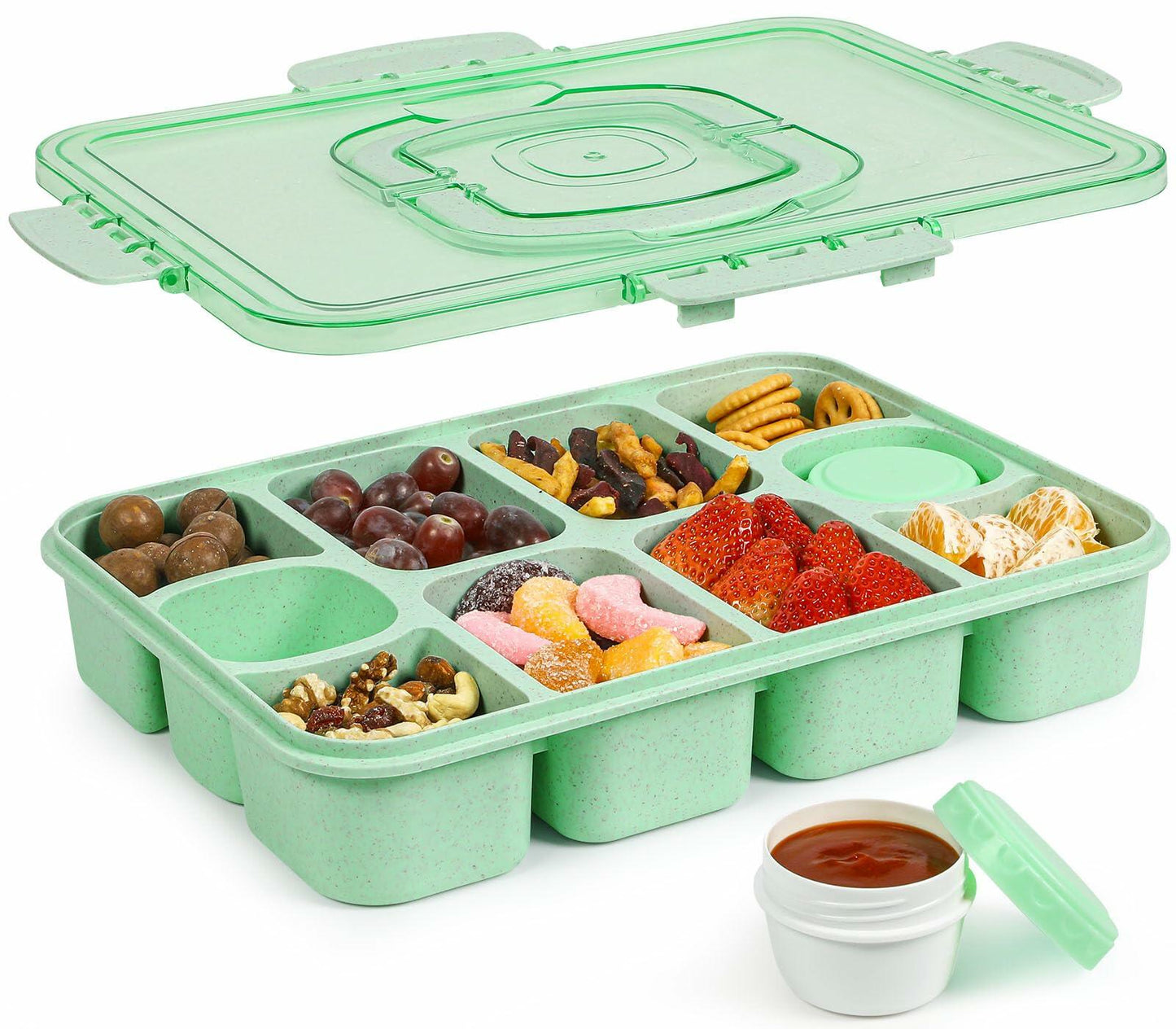 Caperci Snackle Box Large 10-Compartment Tray with Lid Handle Green
