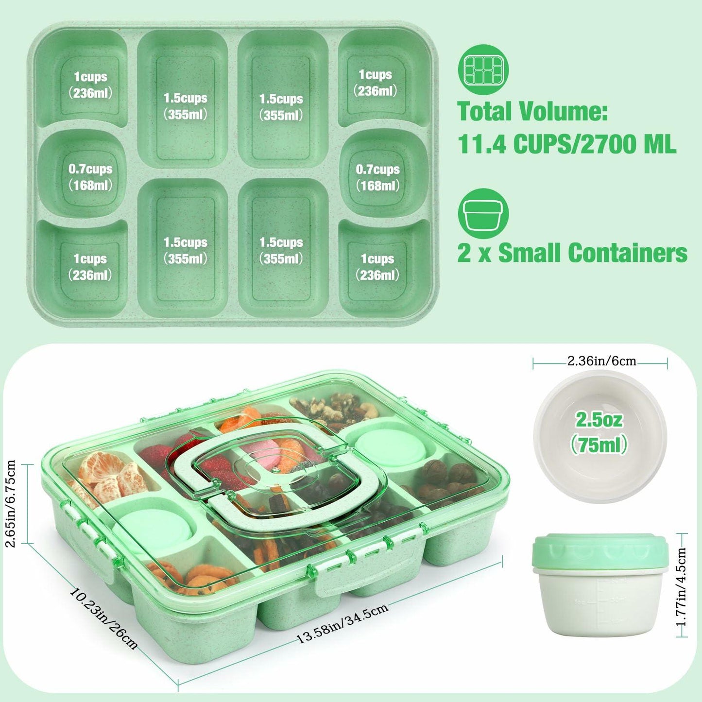 Caperci Snackle Box Large 10-Compartment Tray with Lid Handle Green