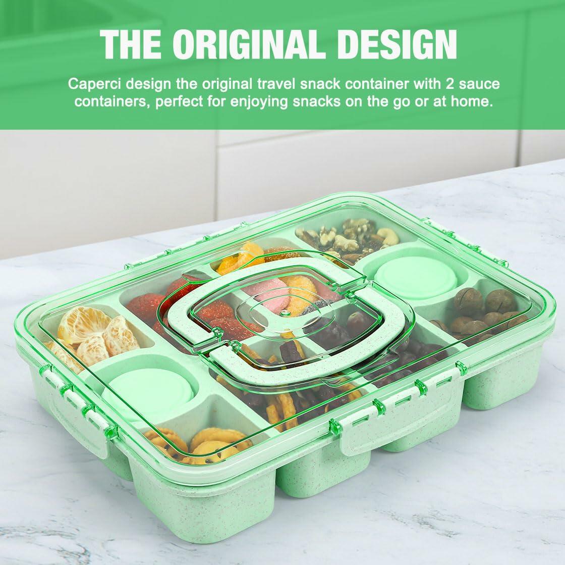 Caperci Snackle Box Large 10-Compartment Tray with Lid Handle Green
