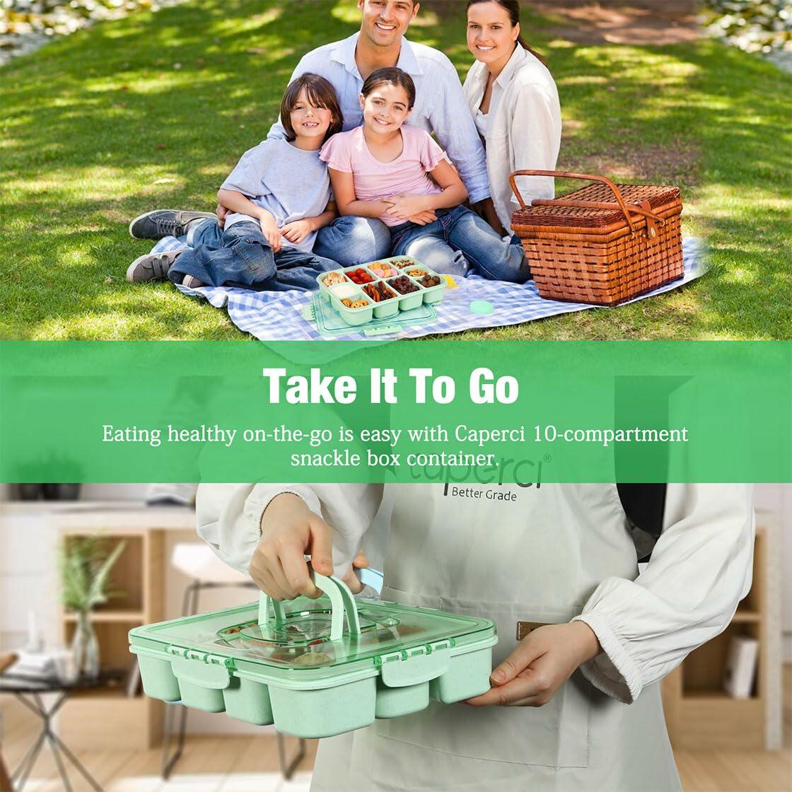 Caperci Snackle Box Large 10-Compartment Tray with Lid Handle Green