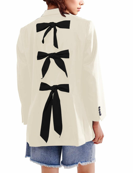 ICOBID Women Oversized Bow Tie Blazer Jacket Lapel Button Grey Size L