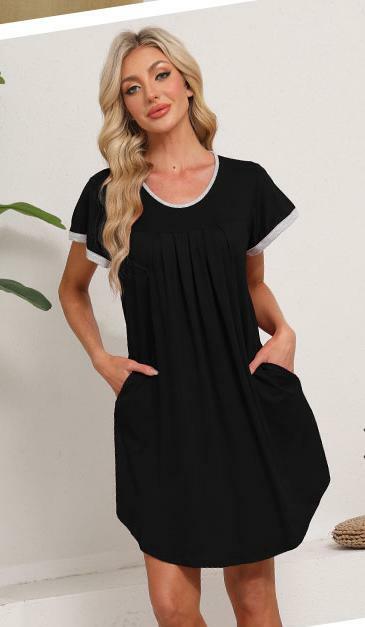 Dookttker Women’s Soft Loose Nightgown – Comfy Pleated Black Sleepshirt