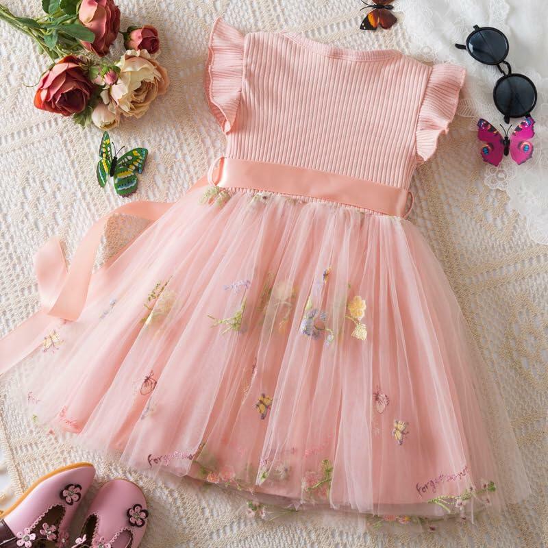 Noubeau Toddler Girl Summer Dress Tulle Ruffle Sleeveless Pink Size 4T