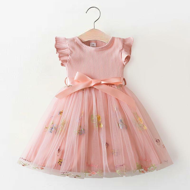 Noubeau Toddler Girl Summer Dress Tulle Ruffle Sleeveless Pink Size 4T