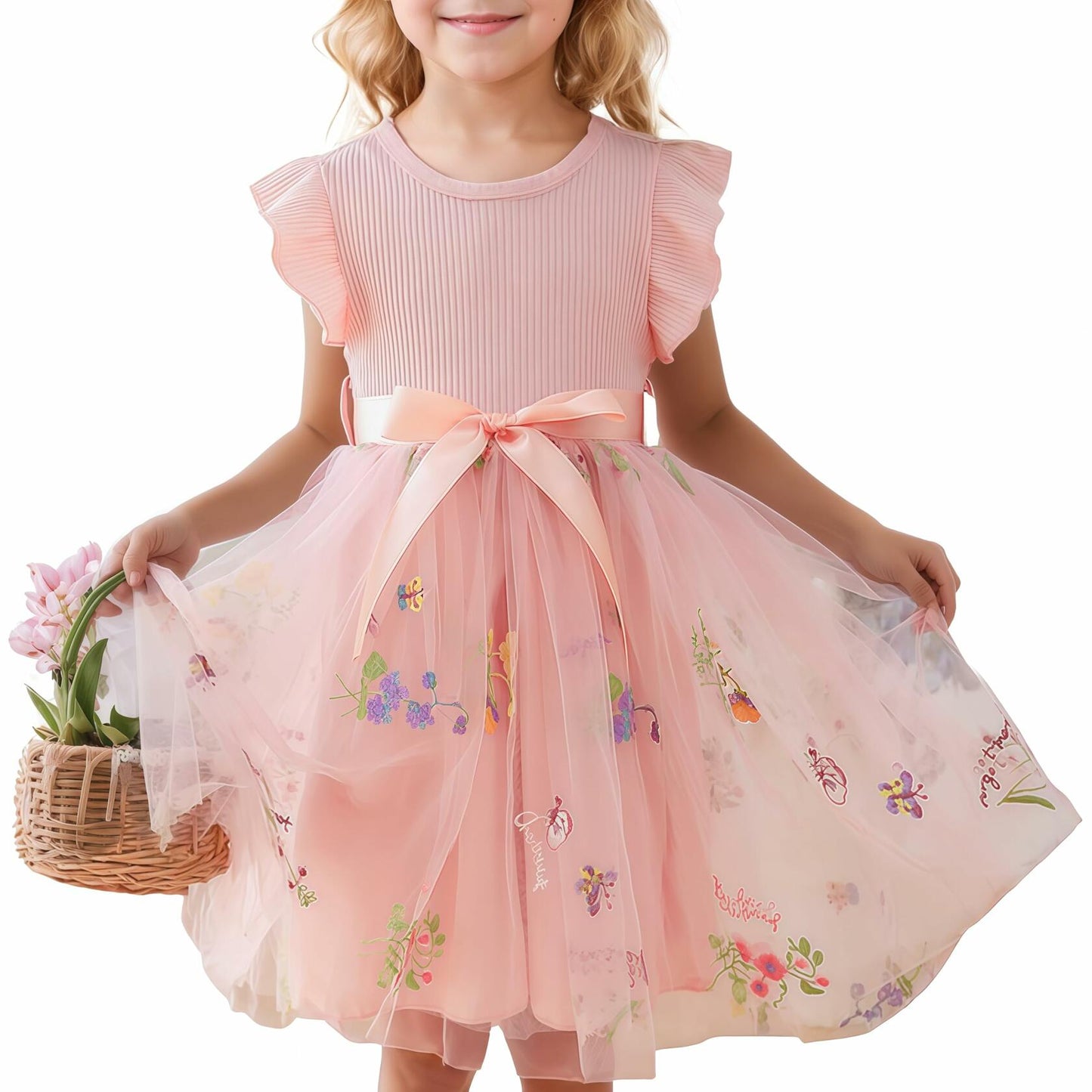 Noubeau Toddler Girl Summer Dress Tulle Ruffle Sleeveless Pink Size 4T