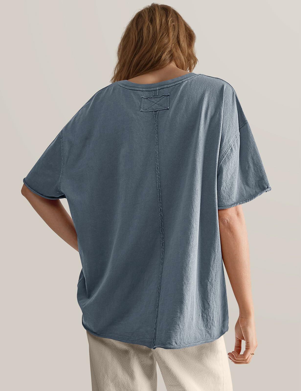 TARSE Oversized Loose Fit Cotton Tunic Tee Women Short Sleeve Blue Mirage Small