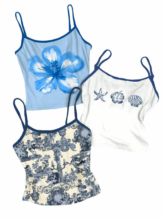 SOLY HUX Women's Vintage Floral Crop Cami Top 3 Pack Blue Multi Size M