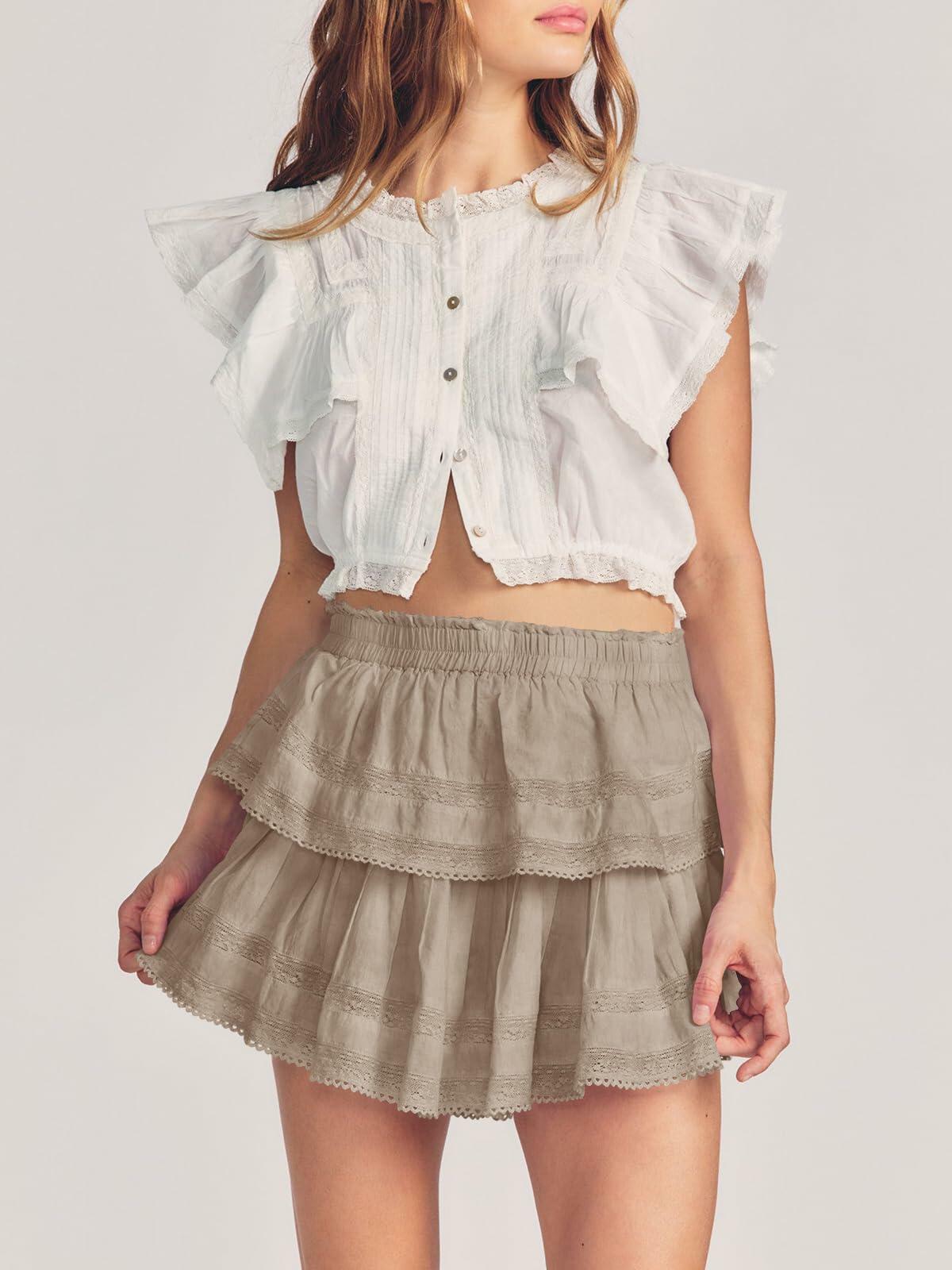 Cicy Bell Womens Lace Mini Skirt High Waisted Ruffle Camel Size XL