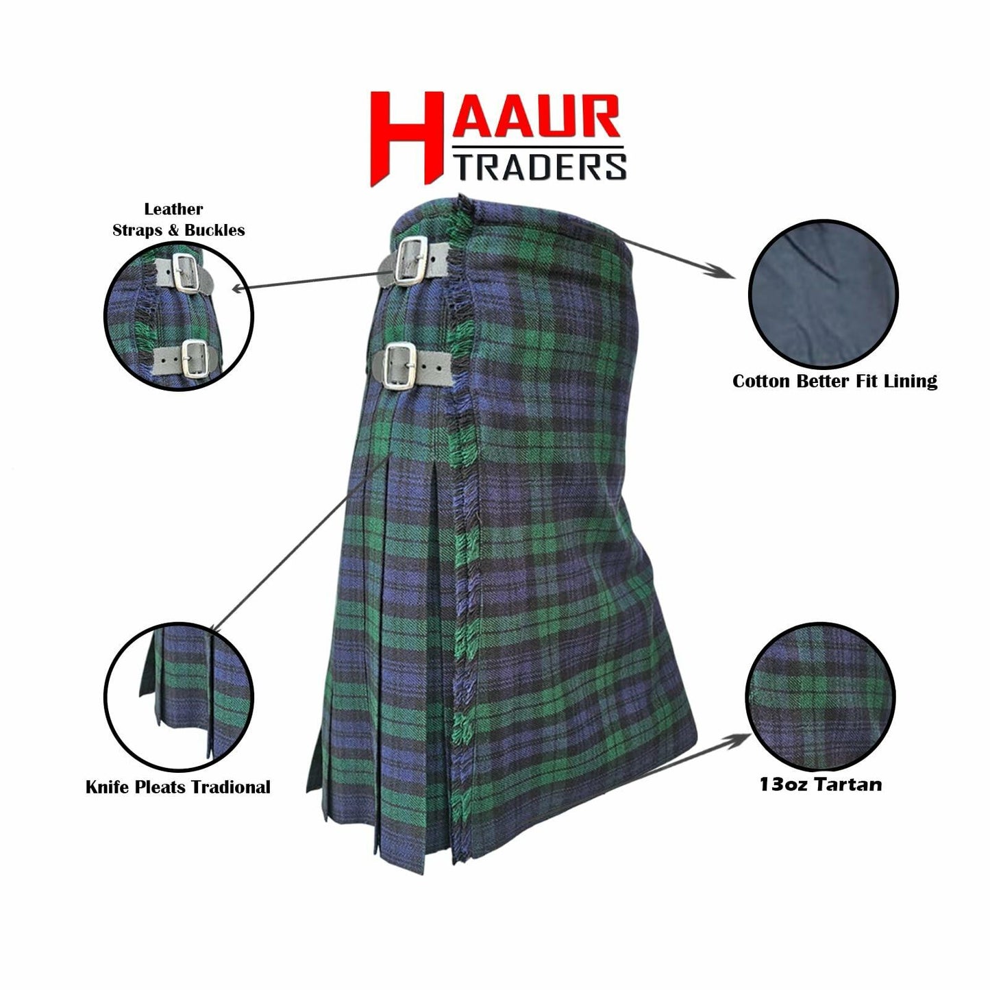 HAAUR TRADERS Men's Scottish Tartan Kilt Black Watch Leather Straps Size 36