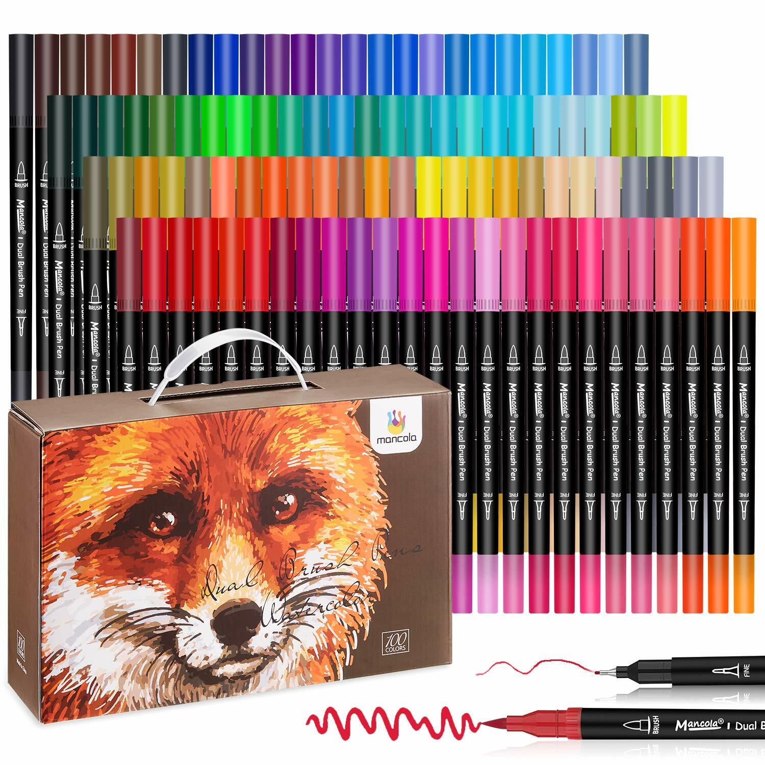 mancola Dual Tip Art Markers 100 Colors Water Based Brush Fineliner Set