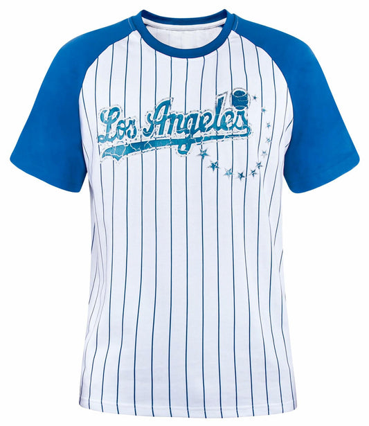 Fansamer Mens City Vintage Pinstripe Crew Neck Tee Shirt Blue White Size XL