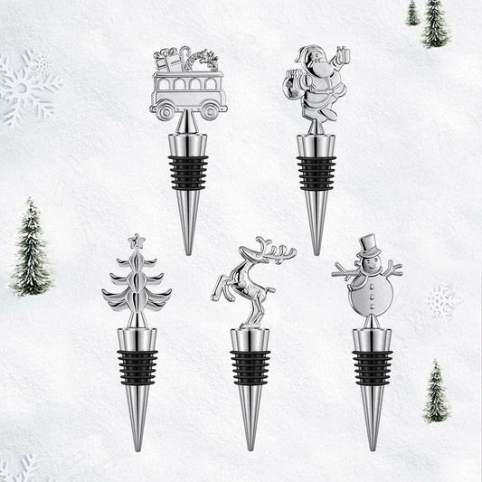 MANTIANJIN Christmas Wine Bottle Stoppers 5-Pack Zinc Alloy Silicone Silver