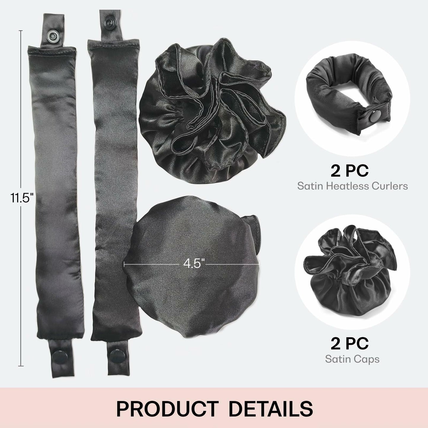 BLINKEEN Satin Heatless Hair Curlers Pillow Rollers with Caps Black 2 Sets