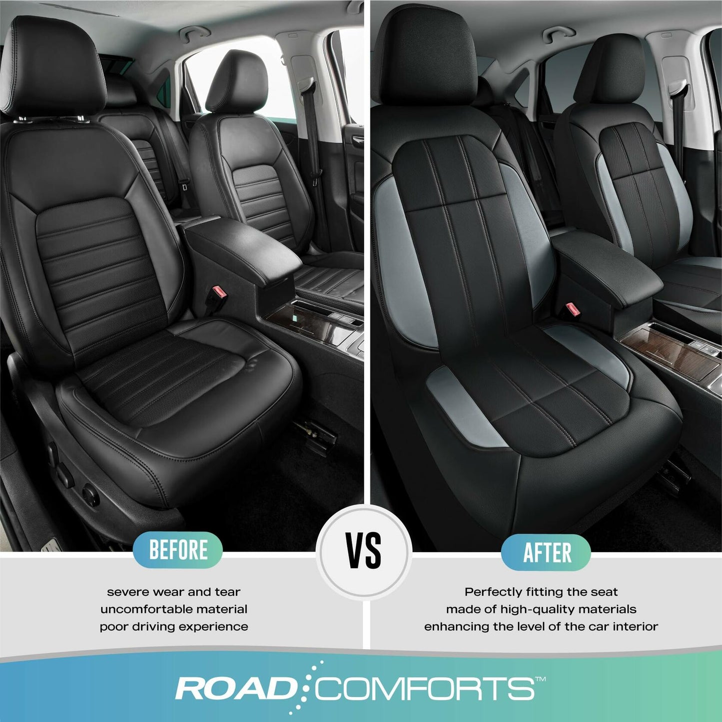 Road Comforts Breathable Leather Car Seat Covers Front Seats Airbag Safe Gray