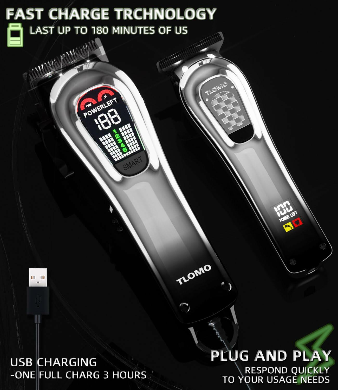 TLOMO Professional Cordless Hair Clippers Kit for Men with LED Display Silver