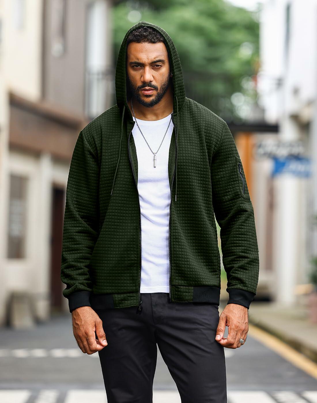 SAVKOOV Mens Lightweight Full Zip Hoodie Jacket Armygreen Size M