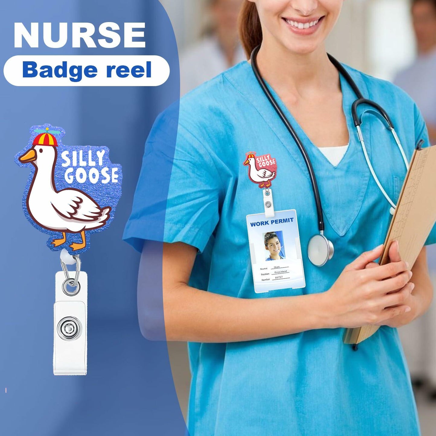 3PCS Silly Goose Glitter Retractable Badge Reels ID Holder with Clip for Nurse