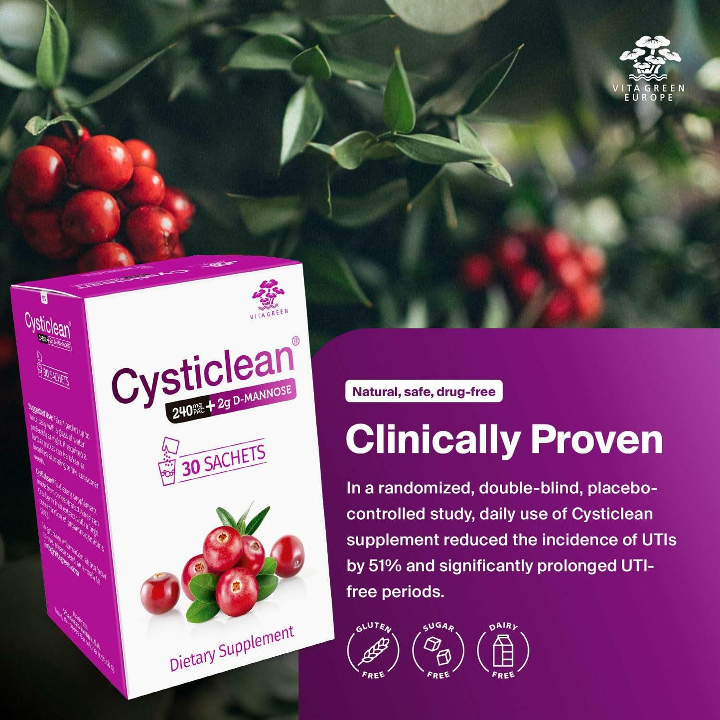 BestBy07/27 Cysticlean 240mg PAC + D-Mannose 2g 30 Packets Urinary Health