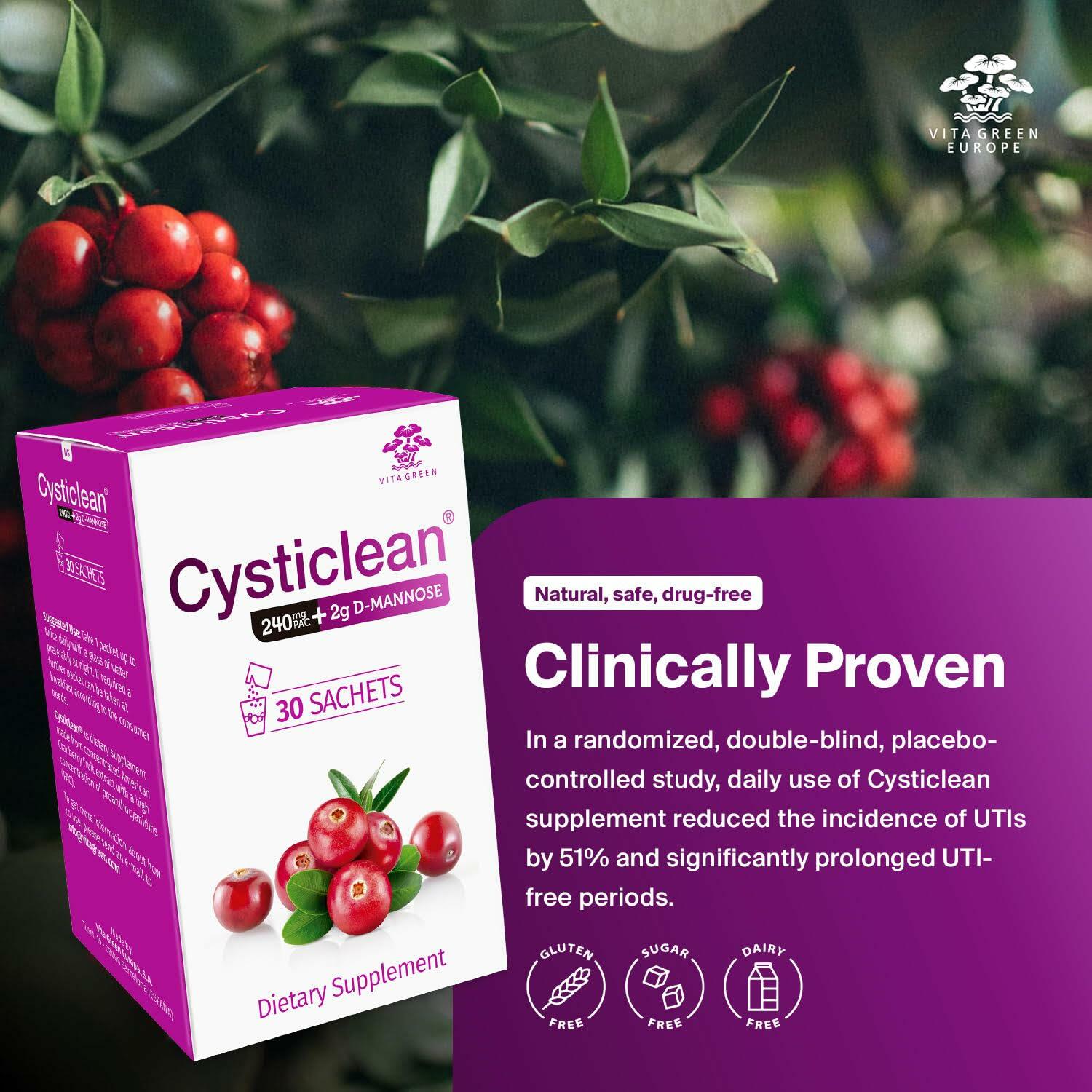 BestBy07/27 Cysticlean 240mg PAC + D-Mannose 2g 30 Packets Urinary Health