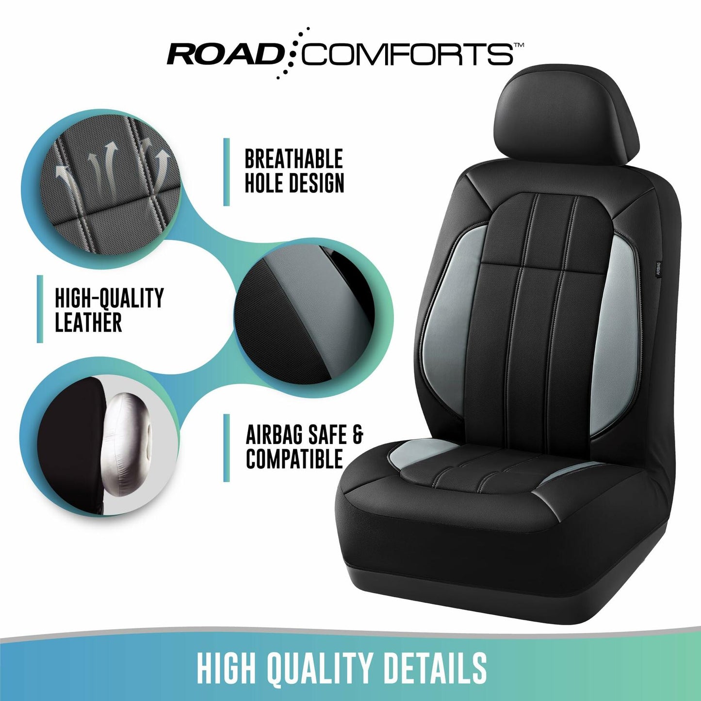 Road Comforts Breathable Leather Car Seat Covers Front Seats Airbag Safe Gray