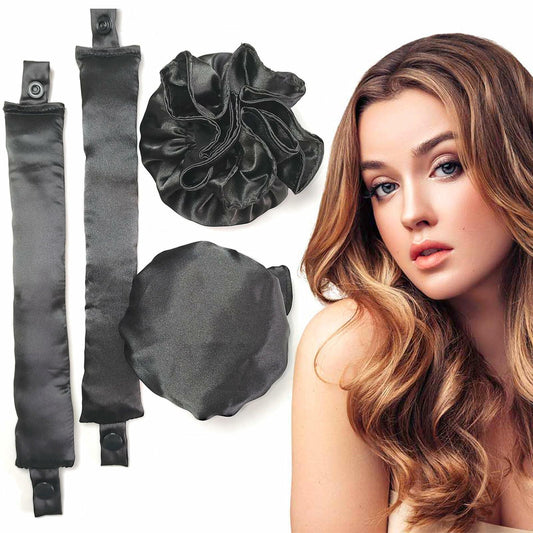 BLINKEEN Satin Heatless Hair Curlers Pillow Rollers with Caps Black 2 Sets