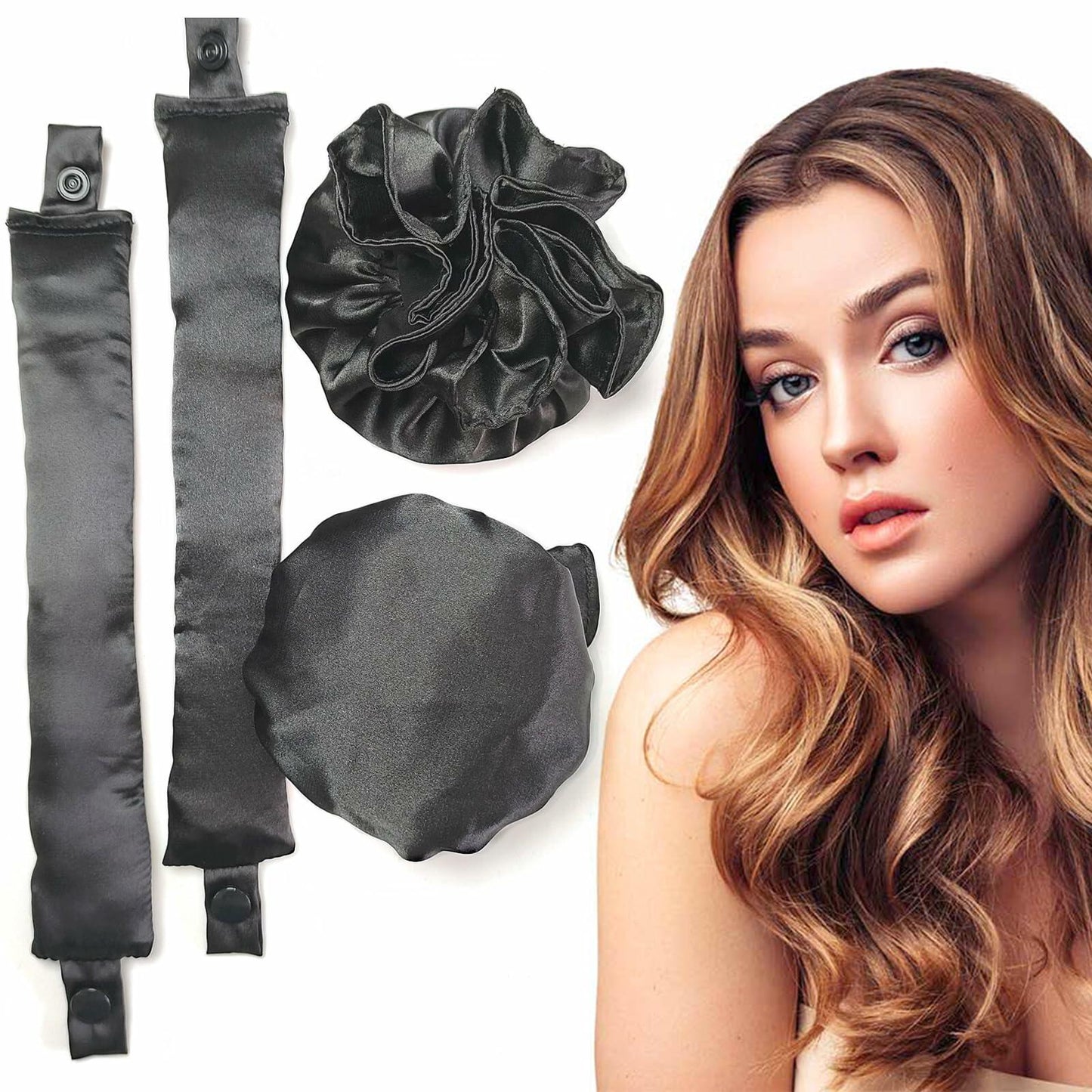 BLINKEEN Satin Heatless Hair Curlers Pillow Rollers with Caps Black 2 Sets