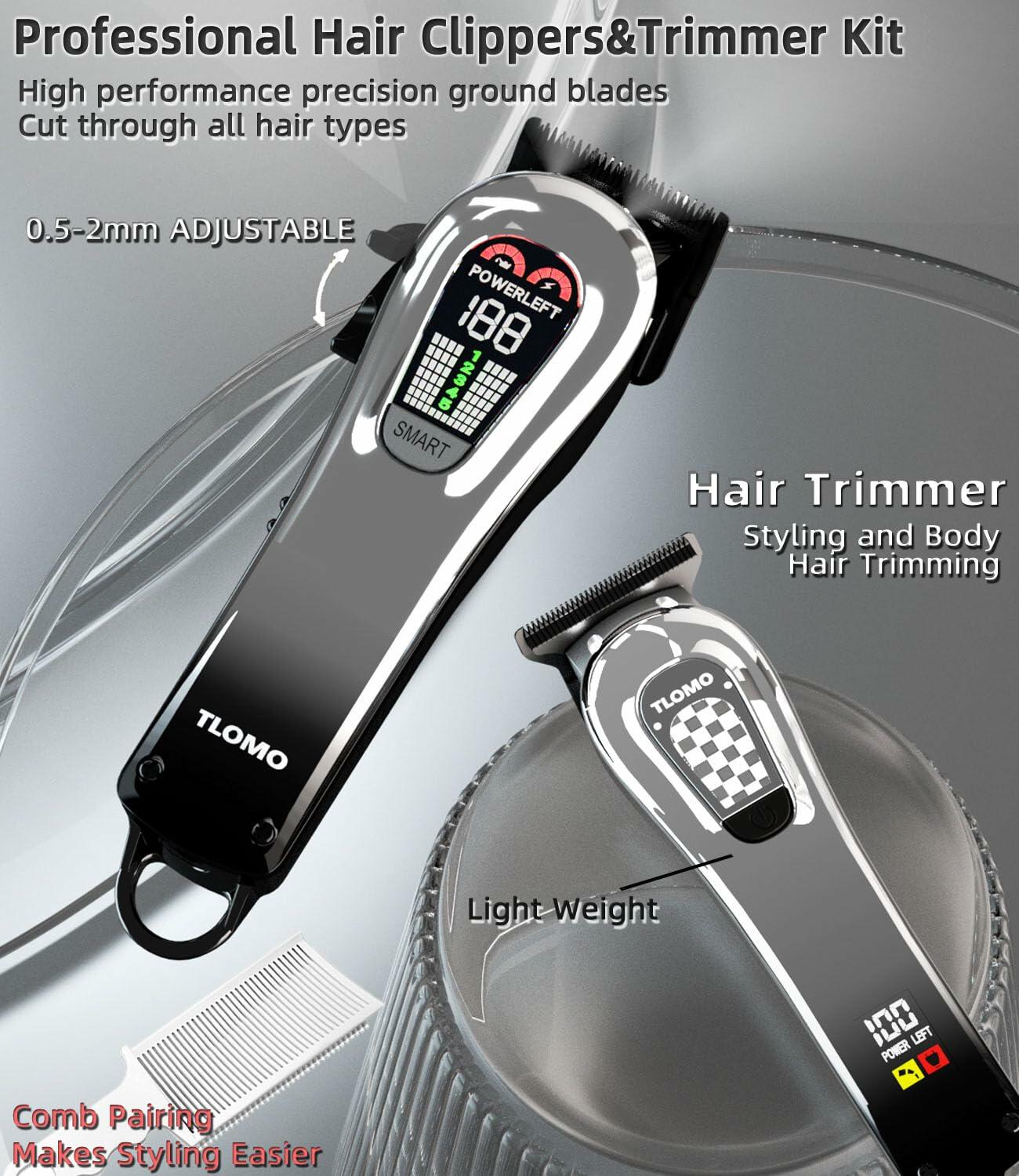 TLOMO Professional Cordless Hair Clippers Kit for Men with LED Display Silver