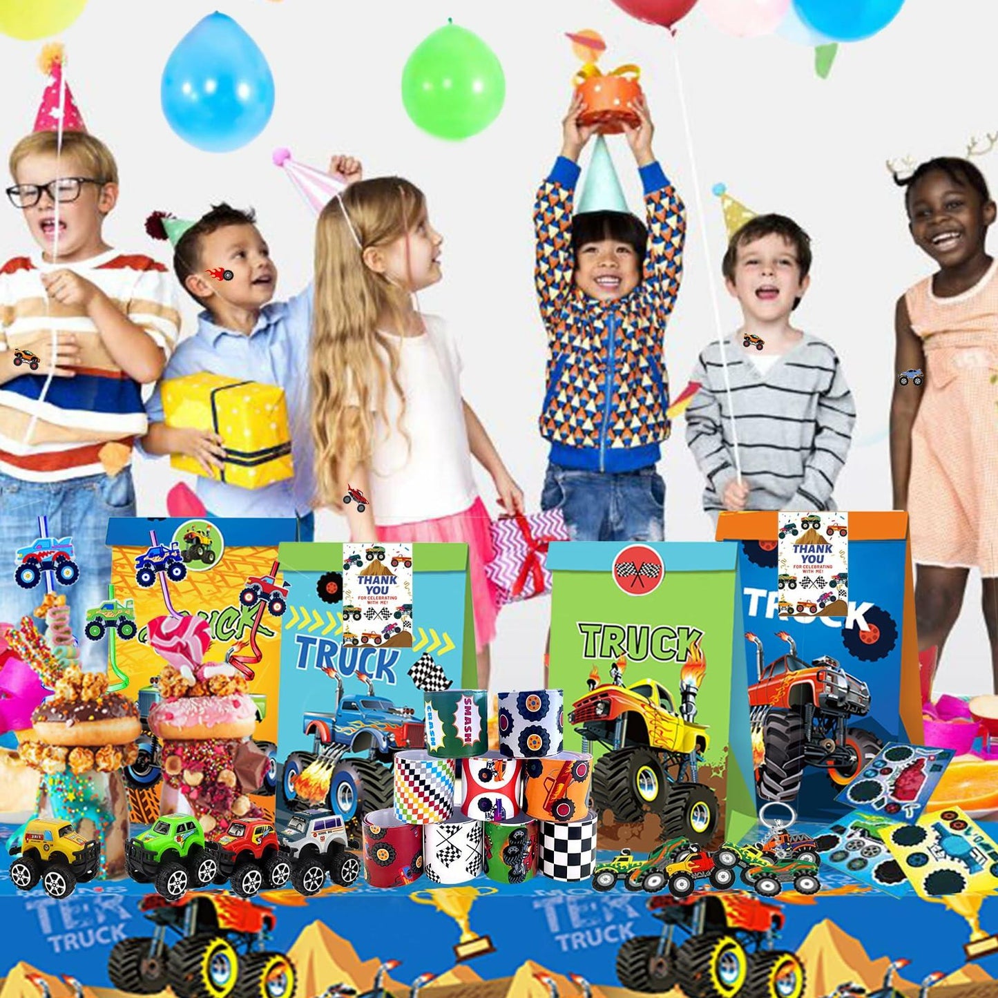 XIPEGPA Truck Party Favors Set - Keychains Slap Bracelets Stickers Straws