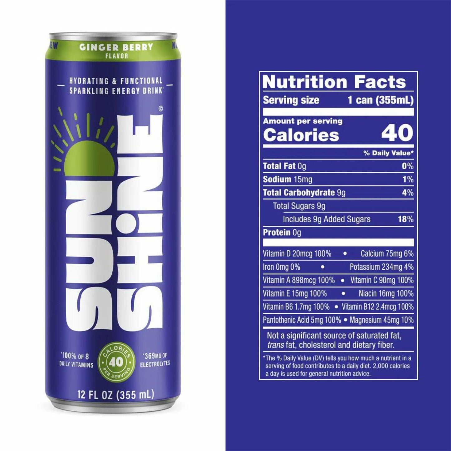 Sunshine Sparkling Energy Drink Ginger Berry 12oz 24 Pack Vitamins Electrolytes