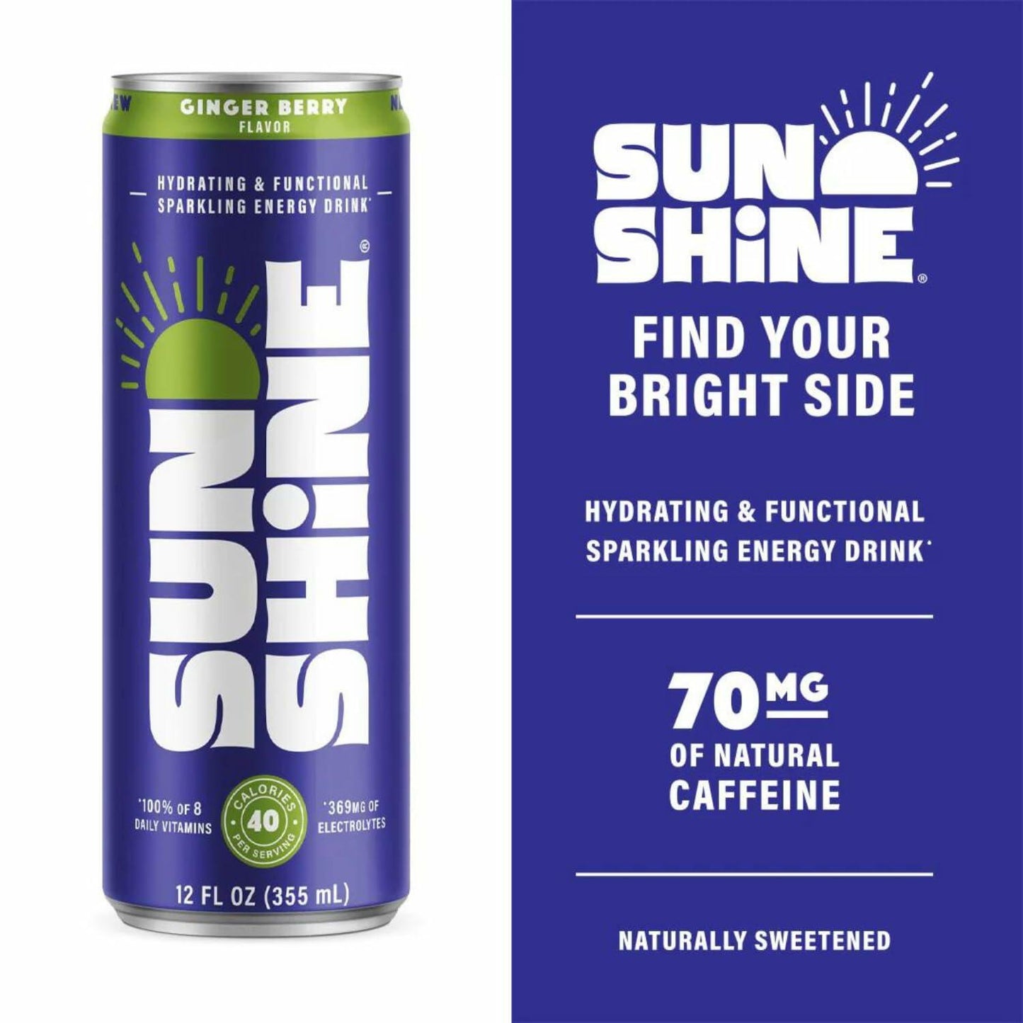Sunshine Sparkling Energy Drink Ginger Berry 12oz 24 Pack Vitamins Electrolytes
