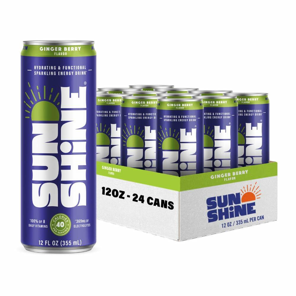 Sunshine Sparkling Energy Drink Ginger Berry 12oz 24 Pack Vitamins Electrolytes
