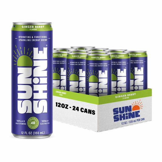 Sunshine Sparkling Energy Drink Ginger Berry 12oz 24 Pack Vitamins Electrolytes