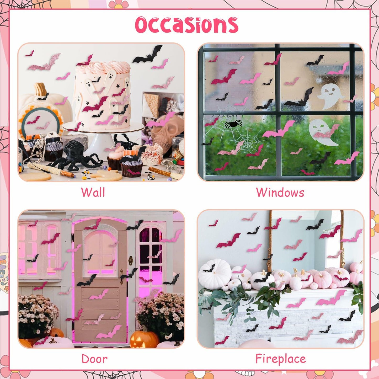 Sursurprise 48PCS 3D Halloween Bat Wall Stickers Pink Black Hot Pink Decor