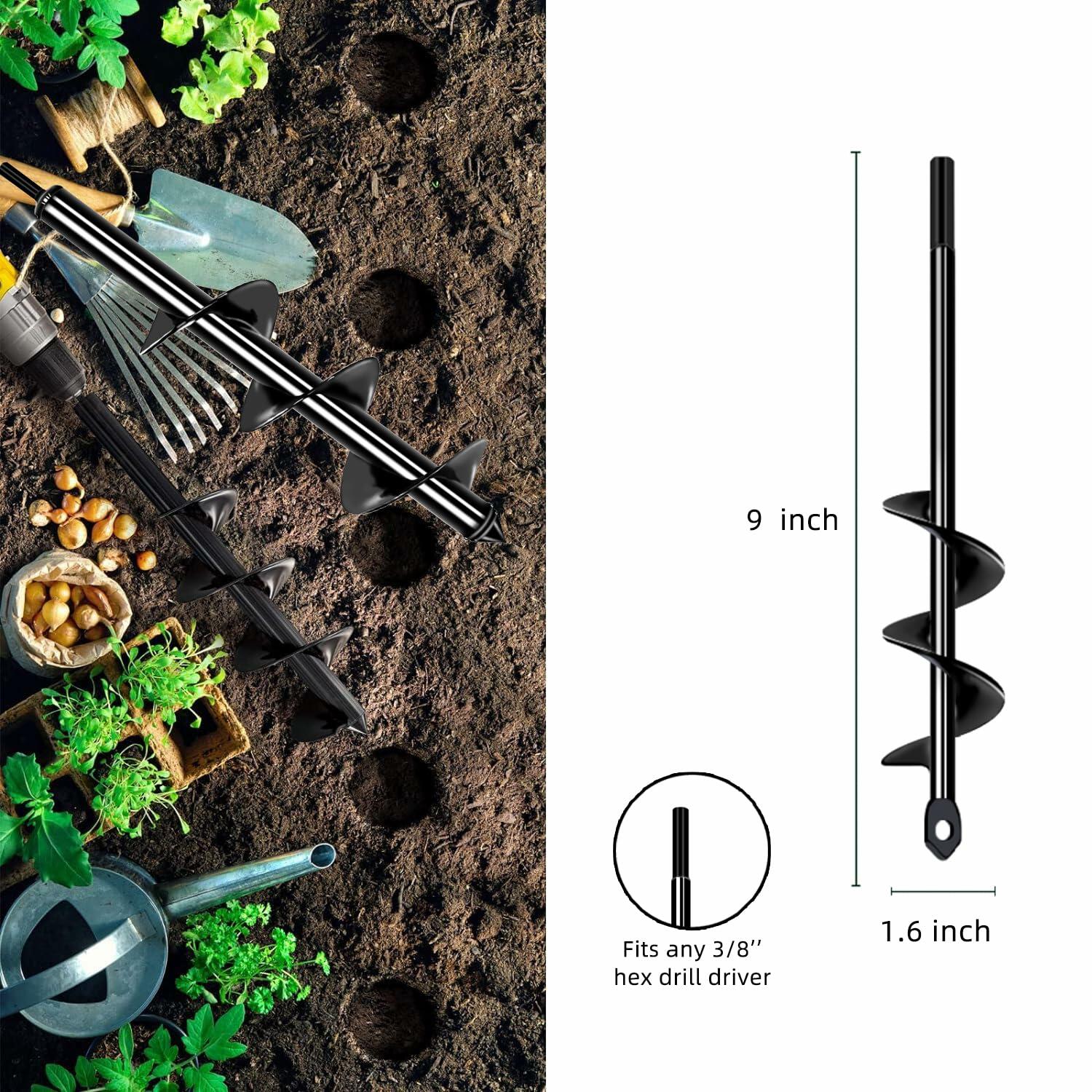 DOKOLES Garden Auger Drill Bit 1.6x9in Black 3/8" Hex Drive Spiral Earth