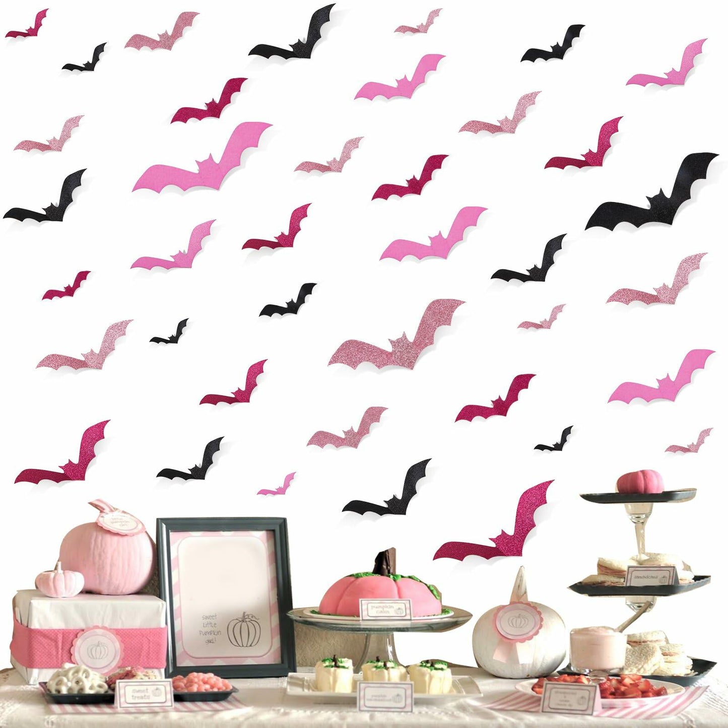 Sursurprise 48PCS 3D Halloween Bat Wall Stickers Pink Black Hot Pink Decor