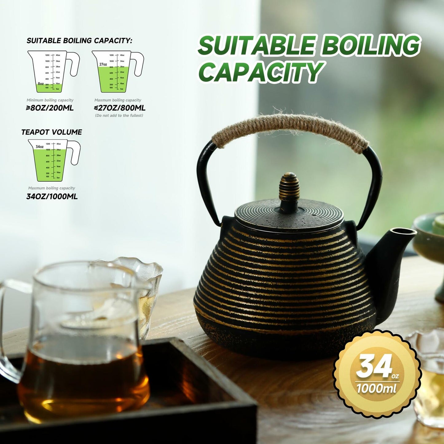 MIDIMORI Cast Iron Teapot Japanese Stovetop Enameled 34oz ANNUAL RING