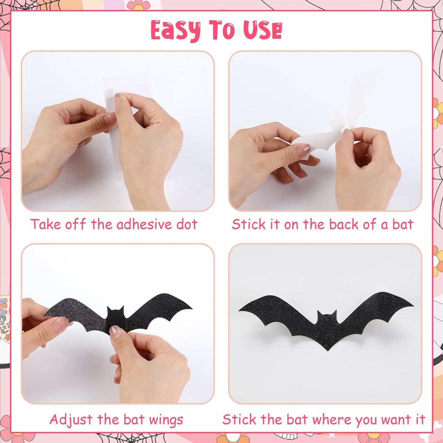 Sursurprise 48PCS 3D Halloween Bat Wall Stickers Pink Black Hot Pink Decor