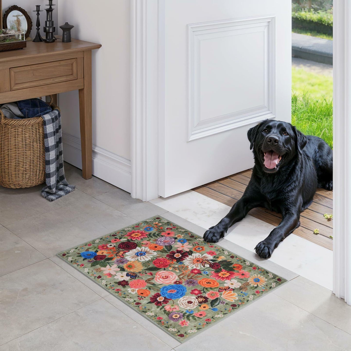 GRAMBET Area Rug 24x17 Inch Non Slip Low Pile Floral Green Garden