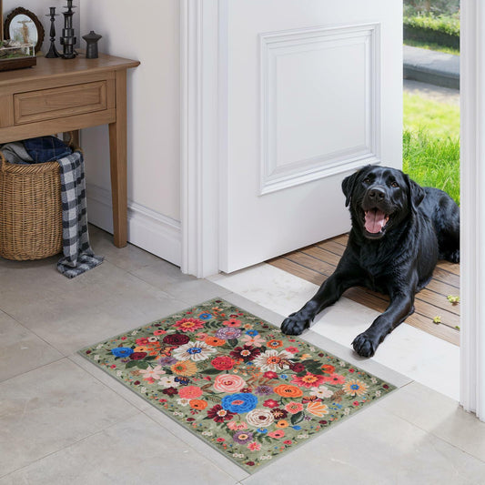 GRAMBET Area Rug 24x17 Inch Non Slip Low Pile Floral Green Garden