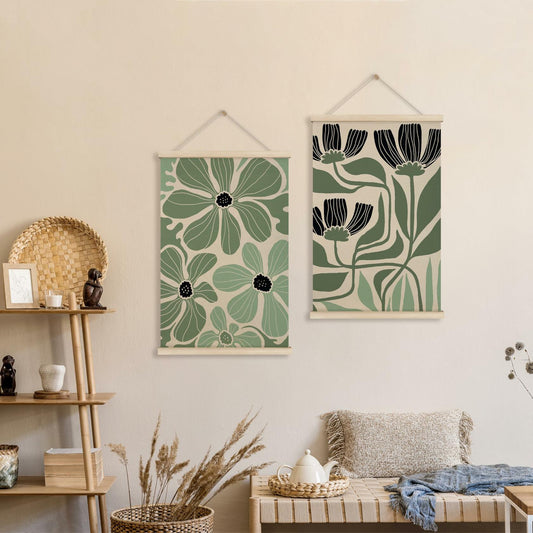 HRQKO Boho Black Flowers Wall Art Set of 2 Wooden Frames 16x24 Inch