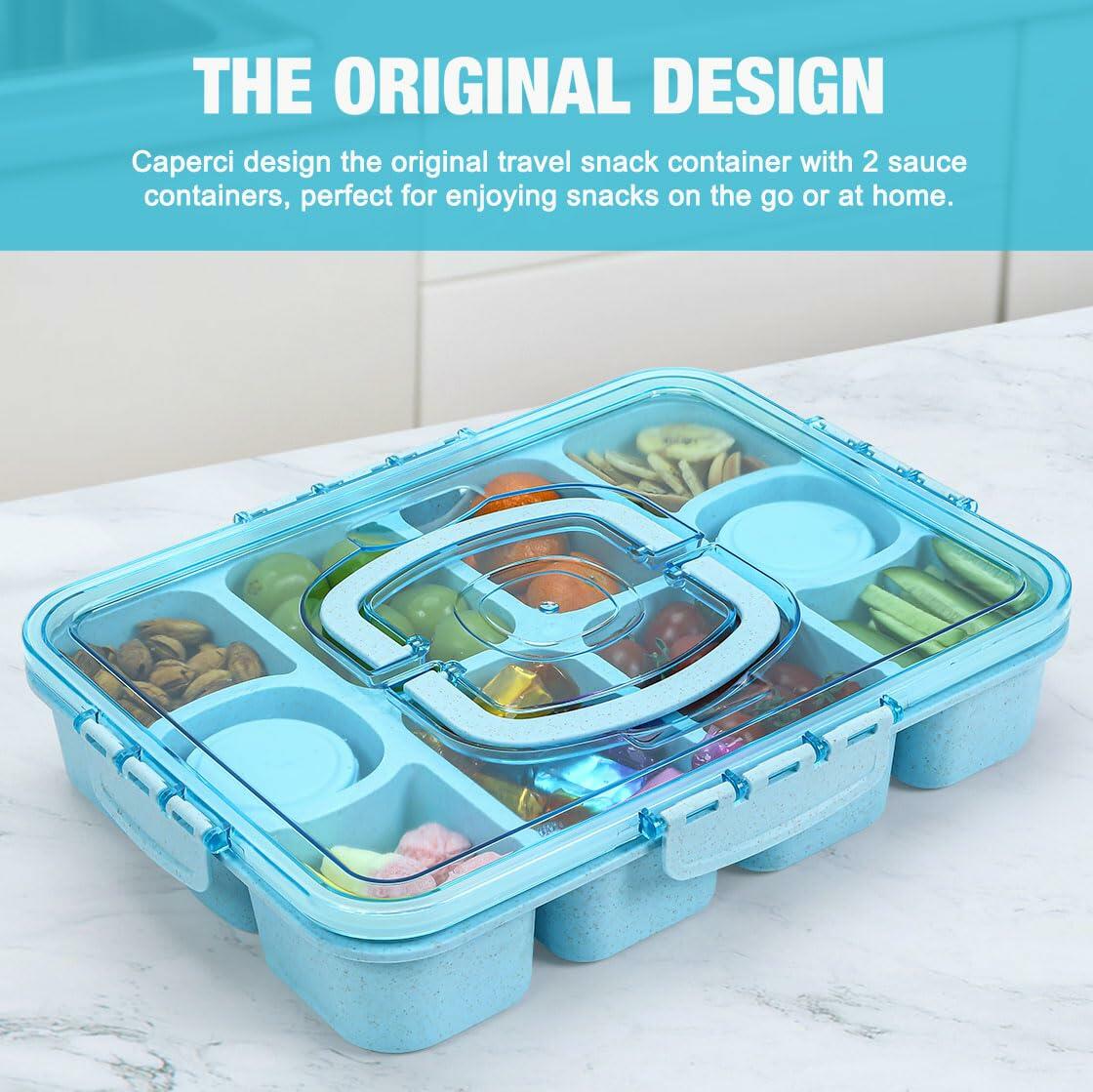 Caperci Snackle Box Large 10-Compartment Tray with Lid Handle Blue