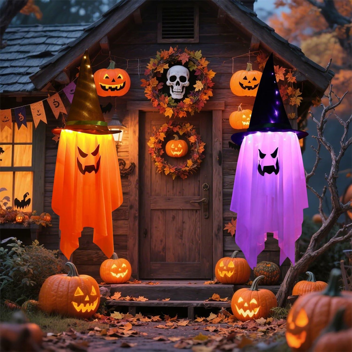Svkipibe 2PCS 42x14in Halloween Large Standing Ghost Lights Orange 8 Modes