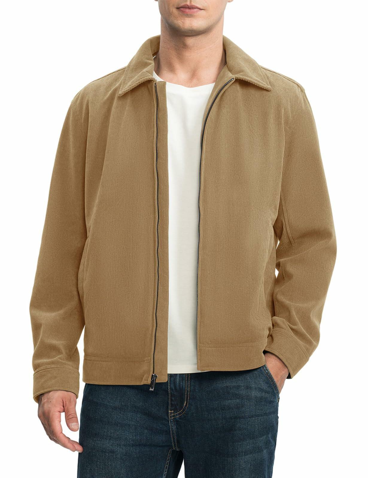 Rdruko Men's Corduroy Zip-Front Bomber Jacket Light Grey Size L