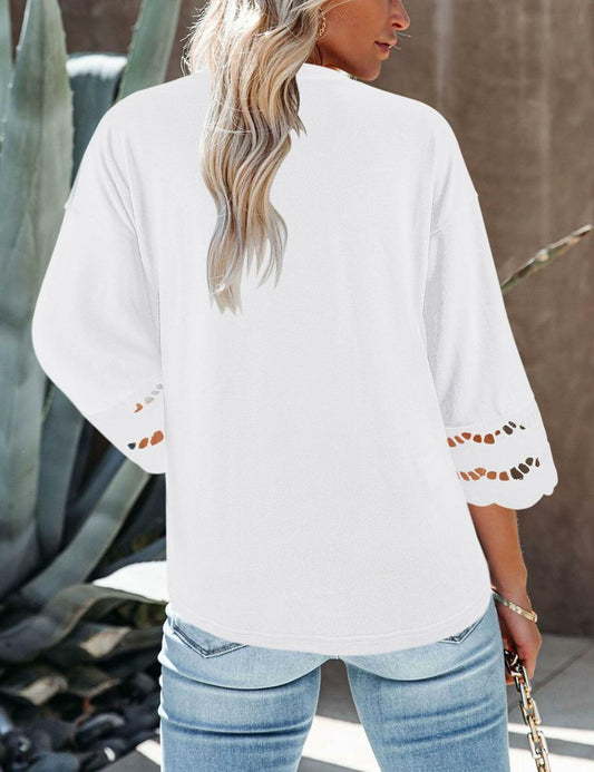 Yuccalley Women's Summer 3/4 Lace Sleeve Loose Fit Tee Khaki Size M