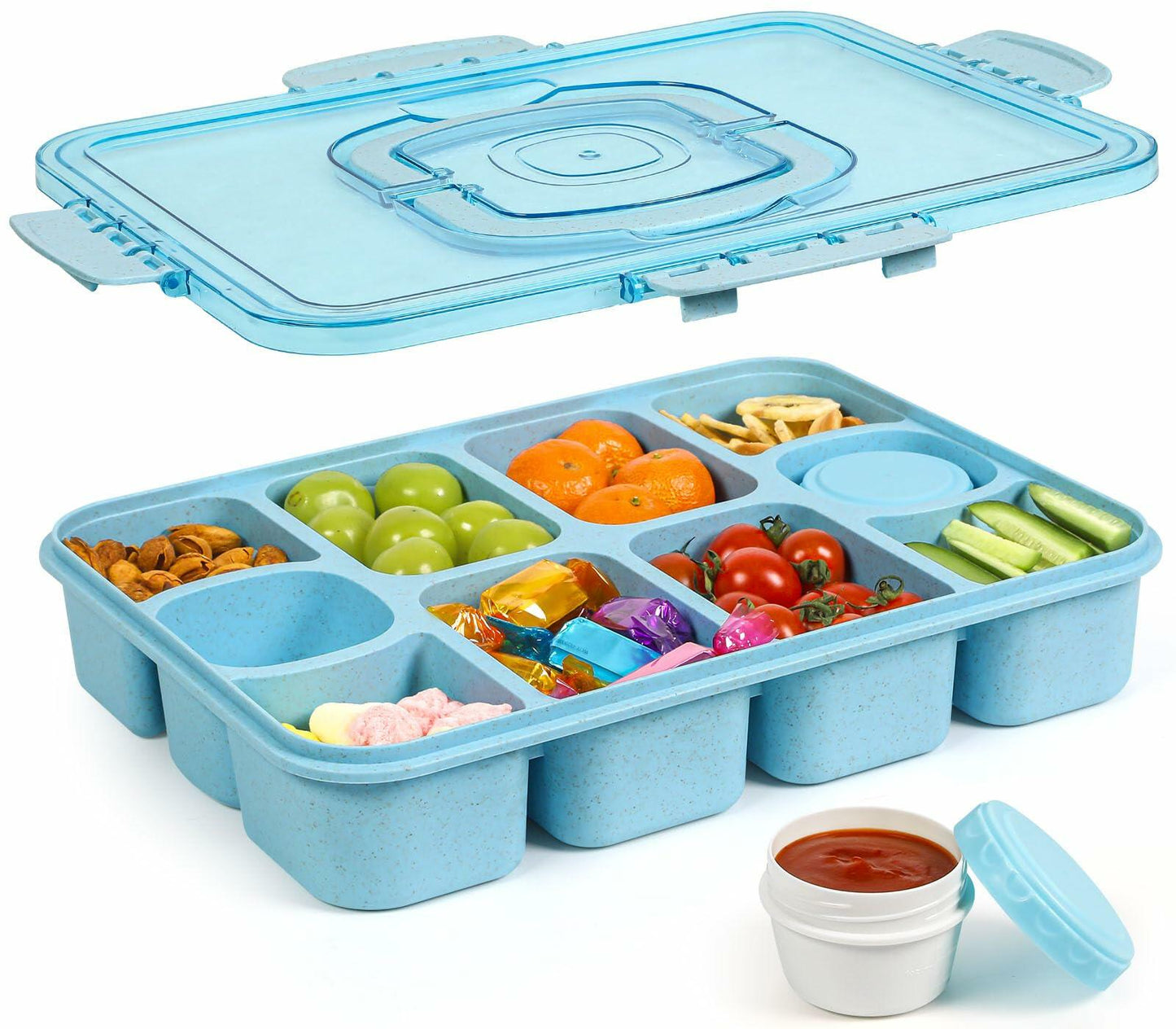 Caperci Snackle Box Large 10-Compartment Tray with Lid Handle Blue