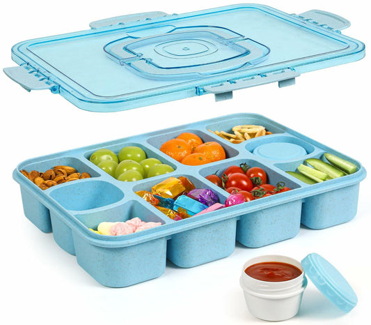 Caperci Snackle Box Large 10-Compartment Tray with Lid Handle Blue