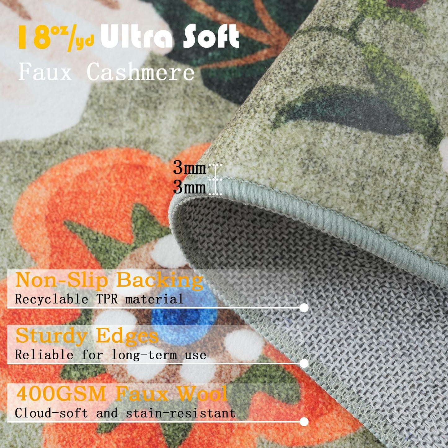 GRAMBET Area Rug 24x17 Inch Non Slip Low Pile Floral Green Garden