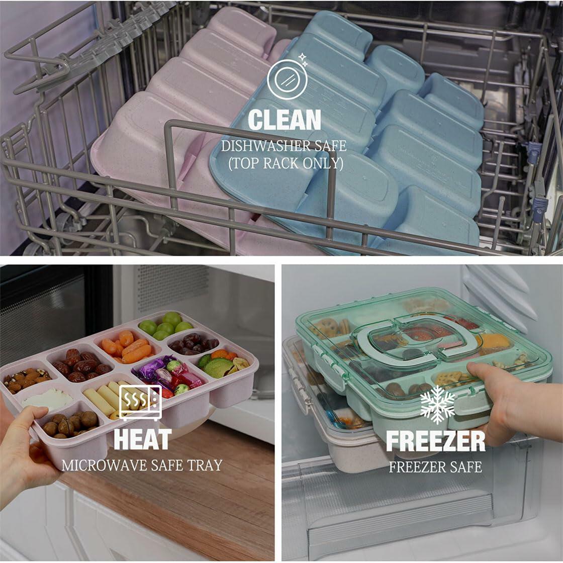 Caperci Snackle Box Large 10-Compartment Tray with Lid Handle Blue