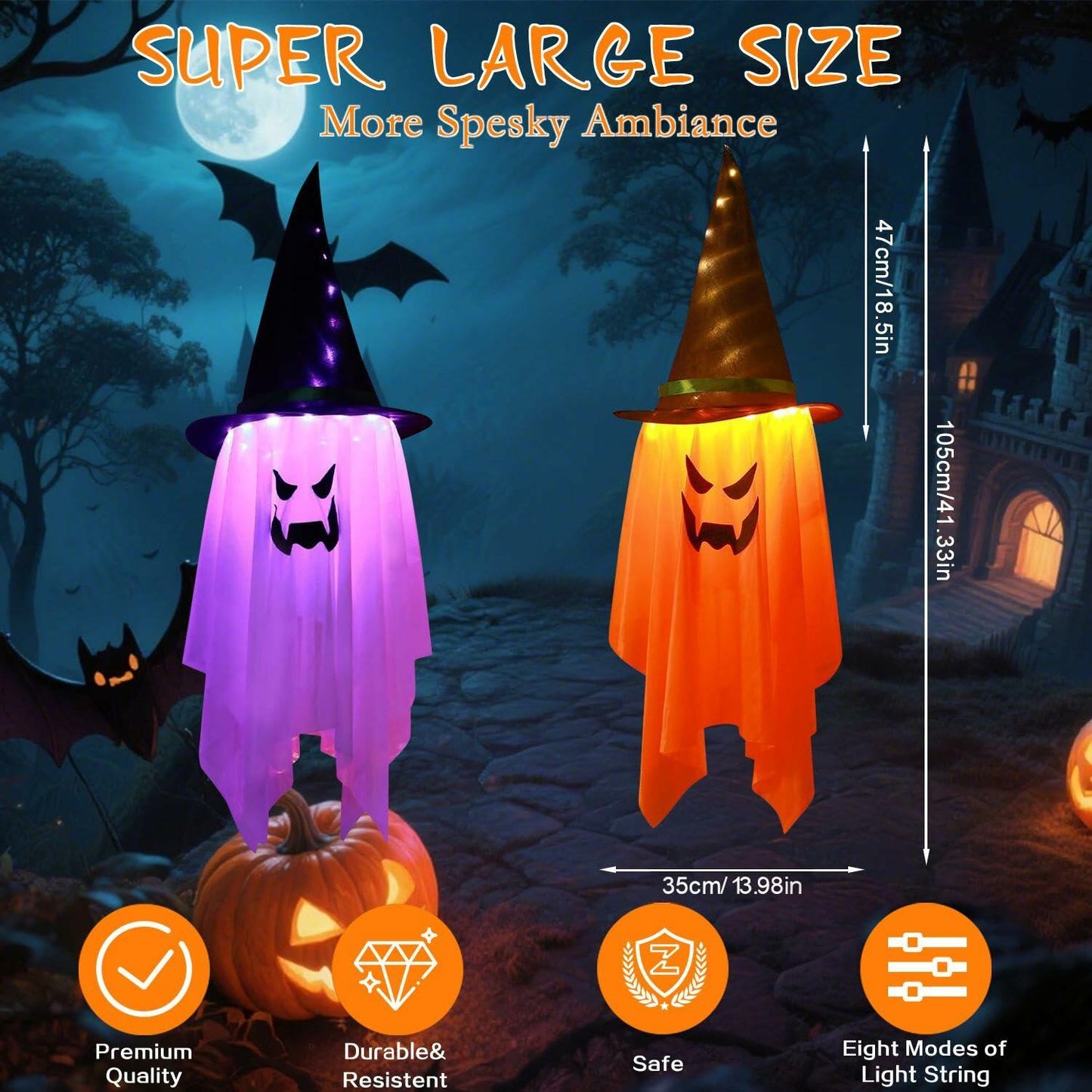 Svkipibe 2PCS 42x14in Halloween Large Standing Ghost Lights Orange 8 Modes