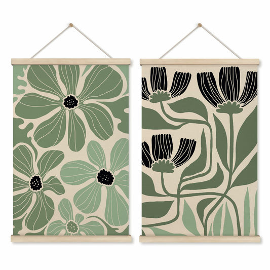 HRQKO Boho Black Flowers Wall Art Set of 2 Wooden Frames 16x24 Inch